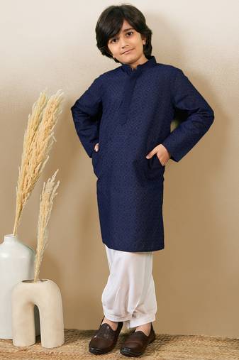 stylish chikankari embroidered deep blue kurta for boys