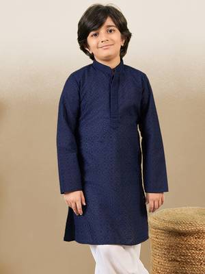 stylish chikankari embroidered deep blue kurta for boys 2