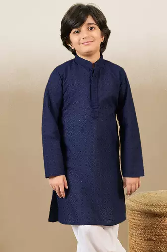 stylish chikankari embroidered deep blue kurta for boys