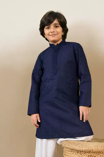 stylish chikankari embroidered deep blue kurta for boys