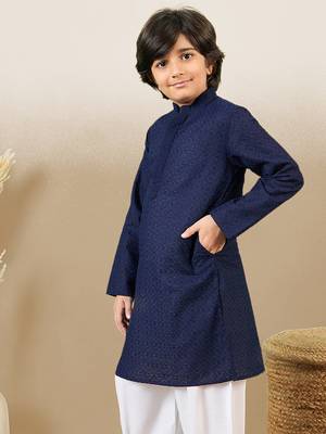 stylish chikankari embroidered deep blue kurta for boys 5