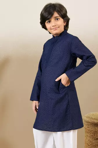 stylish chikankari embroidered deep blue kurta for boys