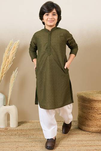 stylish chikankari embroidered mehendi green kurta for boys