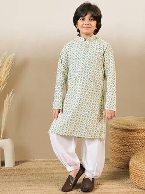 S printed light yellow kurta with sequins for boys 1