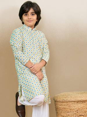 S printed light yellow kurta with sequins for boys 2