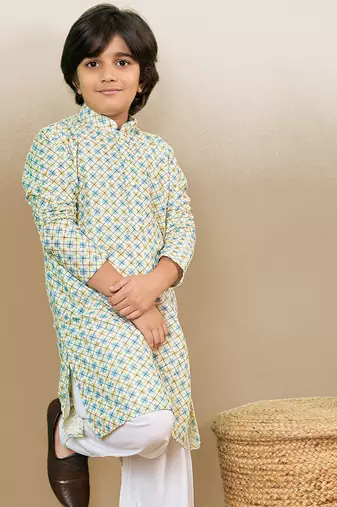S printed light yellow kurta with sequins for boys