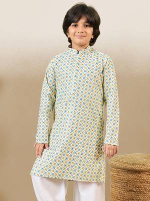 S printed light yellow kurta with sequins for boys 3
