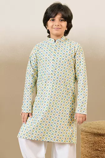 S printed light yellow kurta with sequins for boys