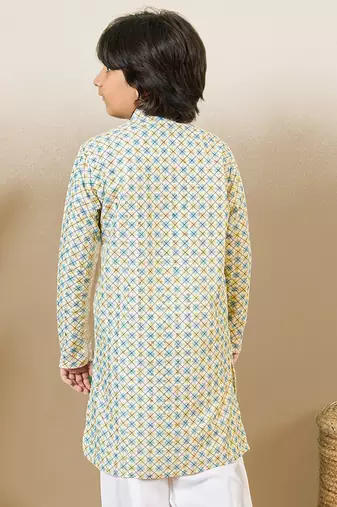S printed light yellow kurta with sequins for boys