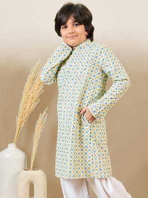 S printed light yellow kurta with sequins for boys 5