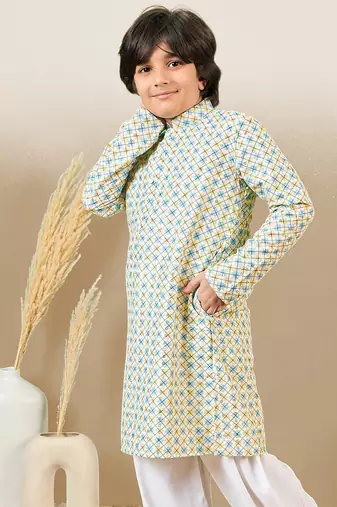 S printed light yellow kurta with sequins for boys