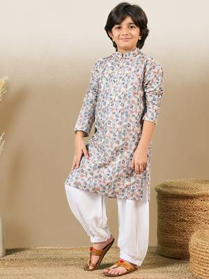 zari embroidered light yellow printed kurta for boys 1