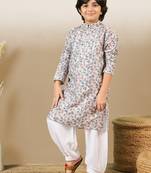 zari embroidered light yellow printed kurta for boys