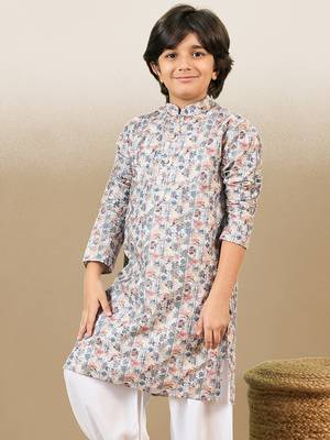 zari embroidered light yellow printed kurta for boys 2