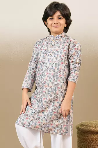 zari embroidered light yellow printed kurta for boys