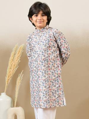 zari embroidered light yellow printed kurta for boys 3