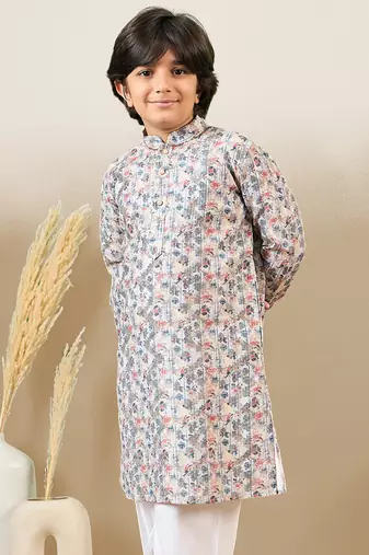 zari embroidered light yellow printed kurta for boys