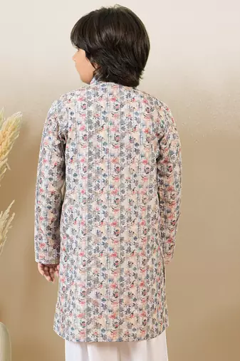 zari embroidered light yellow printed kurta for boys