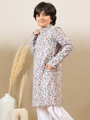 zari embroidered light yellow printed kurta for boys 5