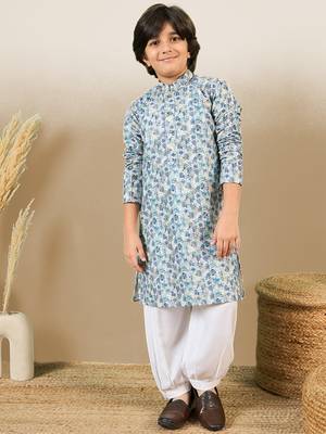 zari embroidered blue designer printed kurta for boys 1