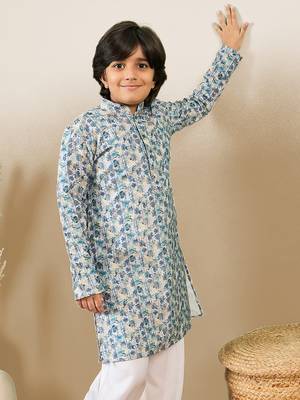 zari embroidered blue designer printed kurta for boys 2