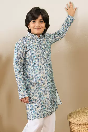 zari embroidered blue designer printed kurta for boys