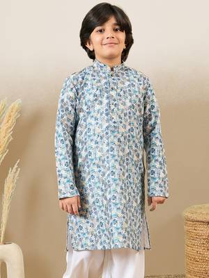 zari embroidered blue designer printed kurta for boys 3