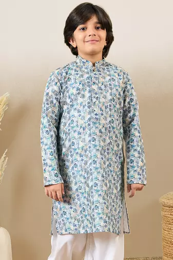 zari embroidered blue designer printed kurta for boys
