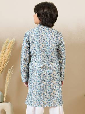 zari embroidered blue designer printed kurta for boys 4