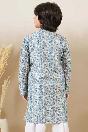 zari embroidered blue designer printed kurta for boys