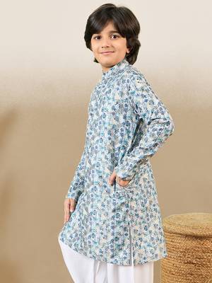 zari embroidered blue designer printed kurta for boys 5