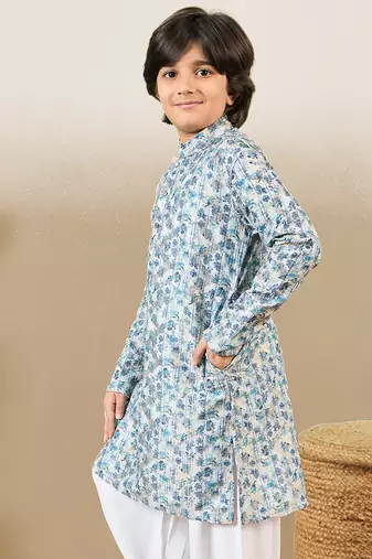 zari embroidered blue designer printed kurta for boys