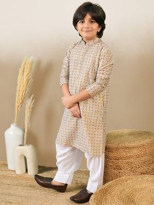 S printed brown kurta with sequins for boys 1