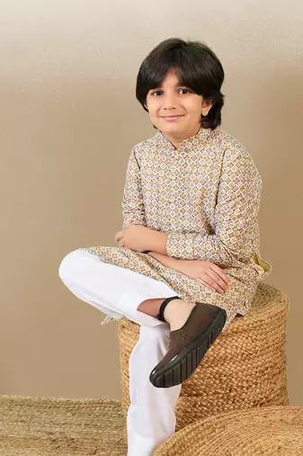 S printed brown kurta with sequins for boys