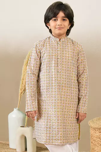 S printed brown kurta with sequins for boys