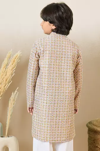 S printed brown kurta with sequins for boys