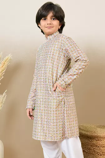 S printed brown kurta with sequins for boys