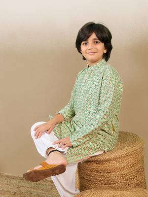 S printed green kurta with sequins for boys 2