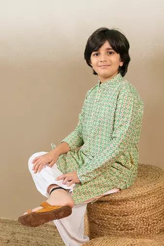 S printed green kurta with sequins for boys