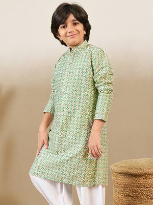 S printed green kurta with sequins for boys 3