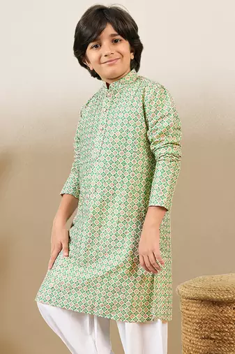 S printed green kurta with sequins for boys