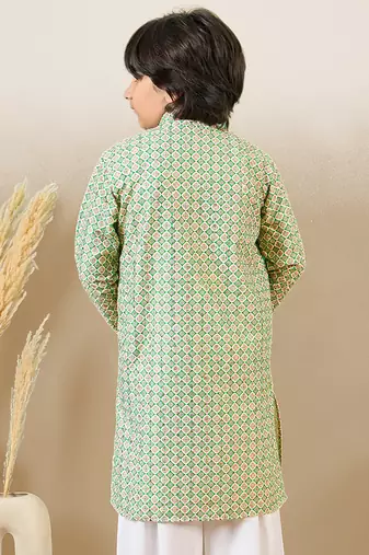 S printed green kurta with sequins for boys
