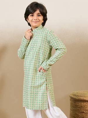 S printed green kurta with sequins for boys 5