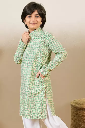 S printed green kurta with sequins for boys