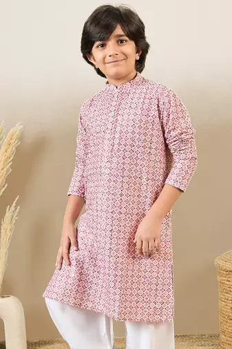 S printed pink kurta with sequins for boys