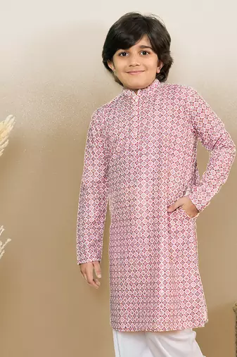 S printed pink kurta with sequins for boys