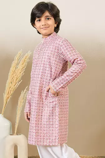 S printed pink kurta with sequins for boys
