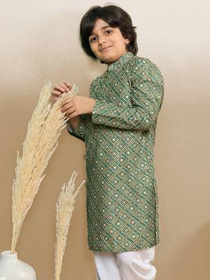 S printed green kurta with sequins for boys 1