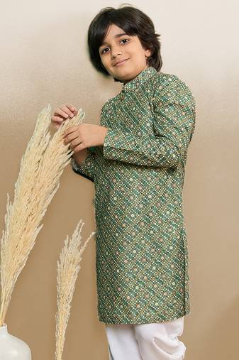 S printed green kurta with sequins for boys