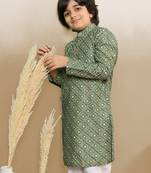 S printed green kurta with sequins for boys